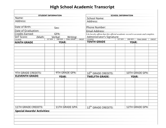 High School Transcript editable Printable